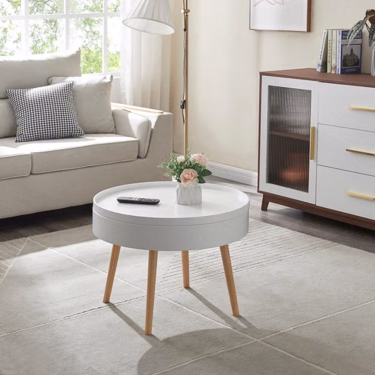 Tavolino 'Bongard' con piano estraibile Ø60 x 45 cm Tavolo da soggiorno in look liscio rotondo bianco