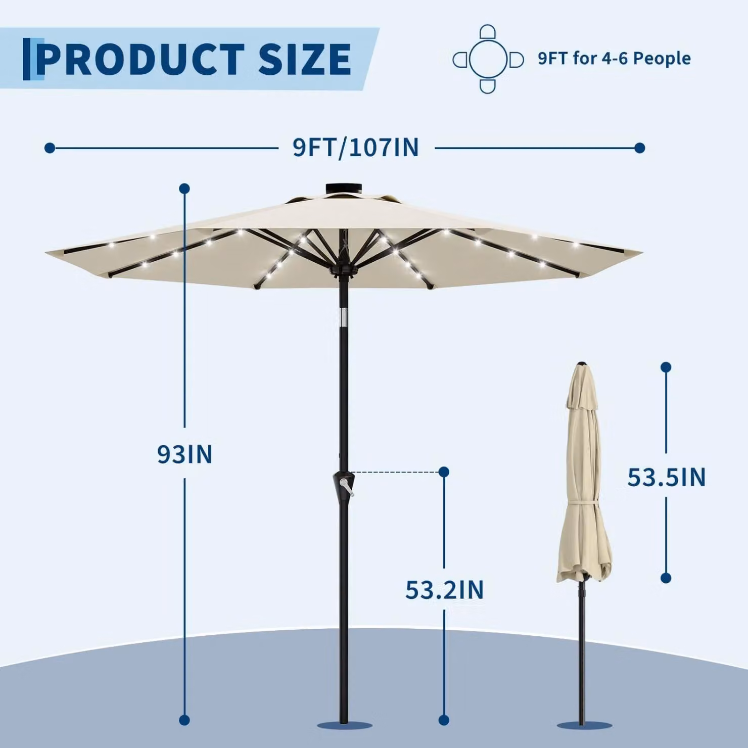 Ombrellone da giardino per terrazza - 270 cm - Ombrellone da giardino - Illuminazione a LED - Manovella con funzione di inclinazione - 8 stecche - Beige