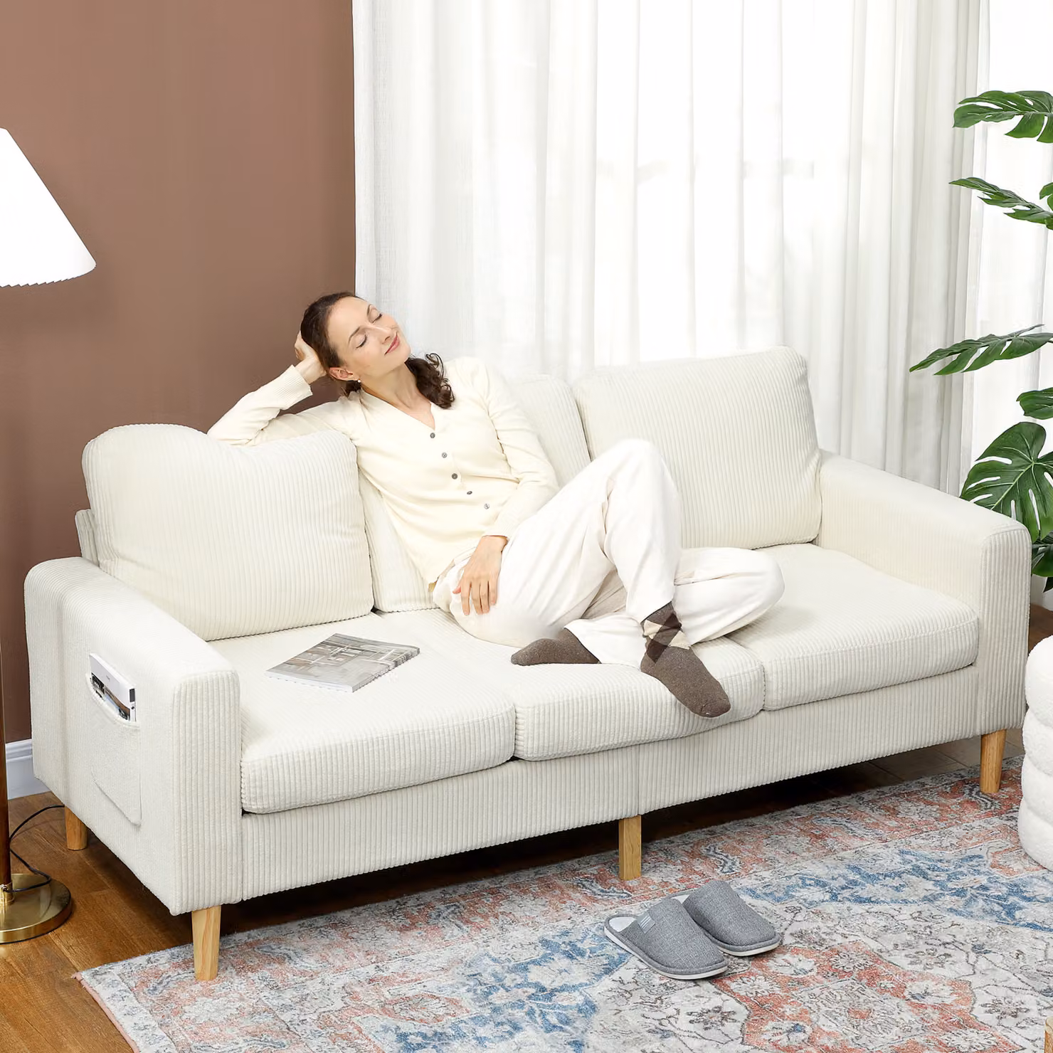 Divano 3 posti HOMCOM in velluto a coste beige con cuscini a molle e imbottitura L: 192 cm, P: 80 cm, H: 84,5 cm – 2