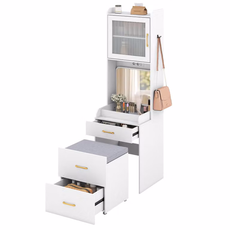 Set di tavolini da toilette COSTWAY, tavolino da toilette con sgabello, specchio pieghevole, cassetti, ripiano regolabile, armadietto e prese, tavolino per cosmetici 52x51x175cm