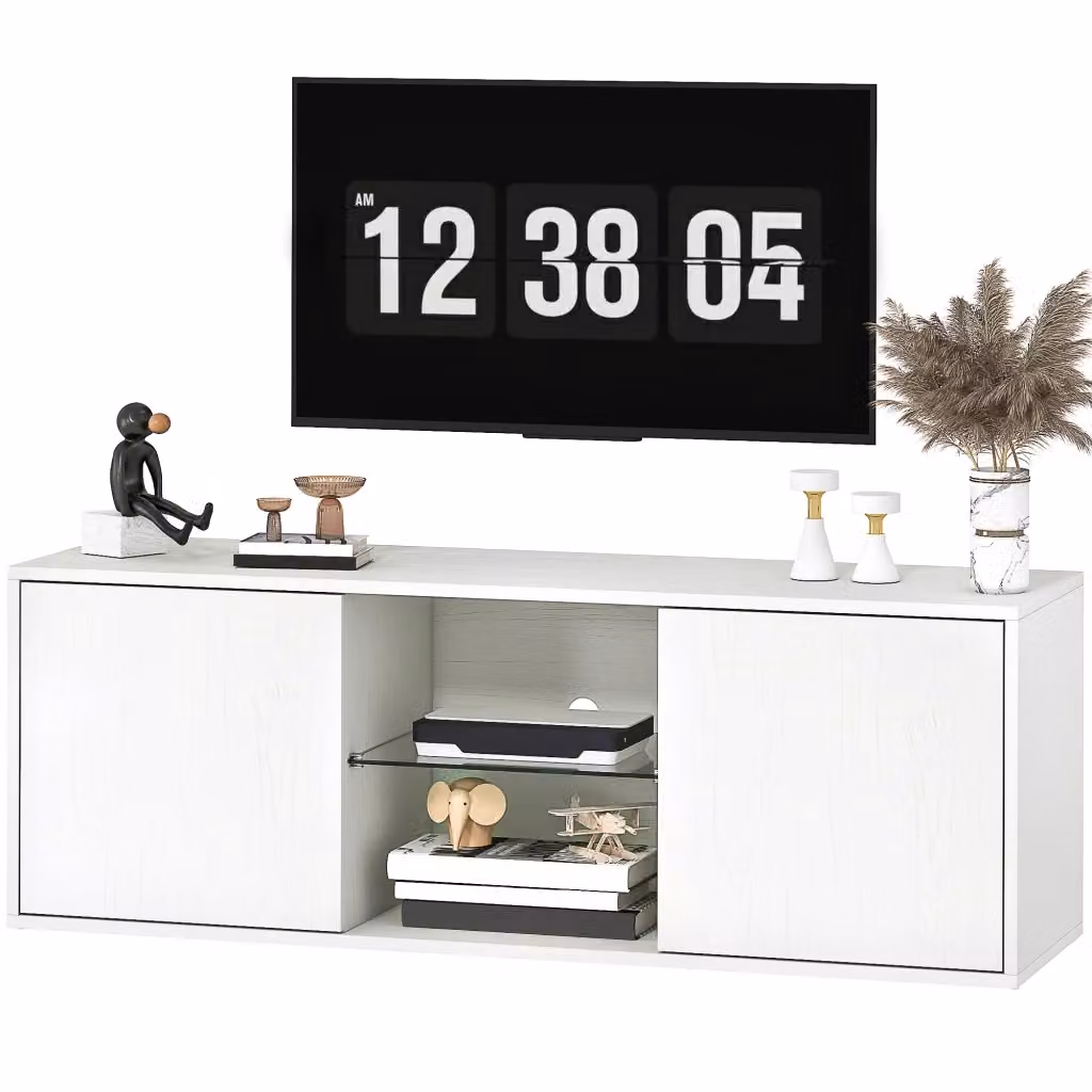 Mobile TV Minimal Bianco con Ante Soft Close e Ripiano in Vetro L: 120 cm, P: 35 cm, H: 42 cm – 2