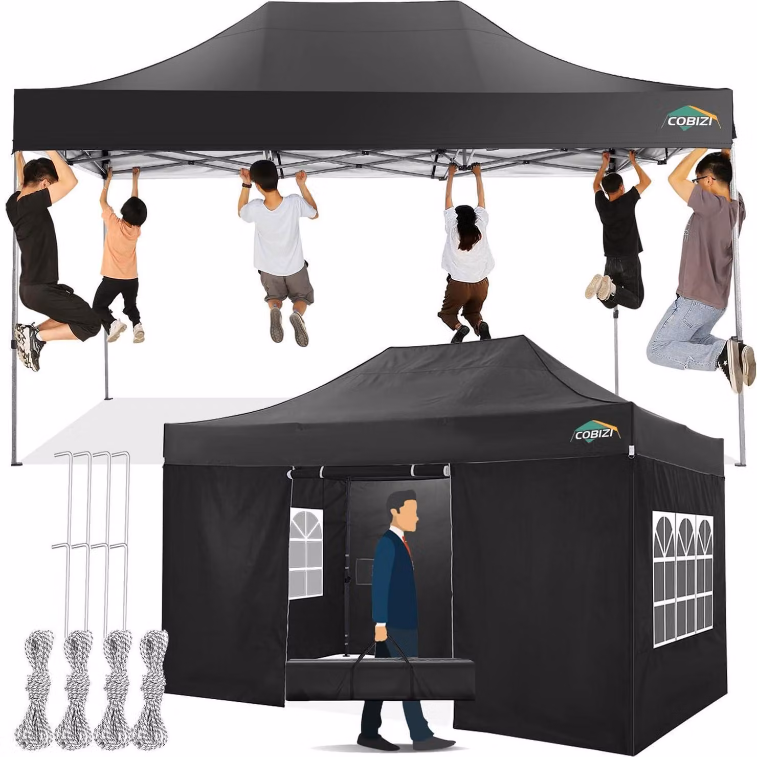 Gazebo da esterno 3x4,5 metri, impermeabile, stabile, con 4 pareti laterali, colore nero