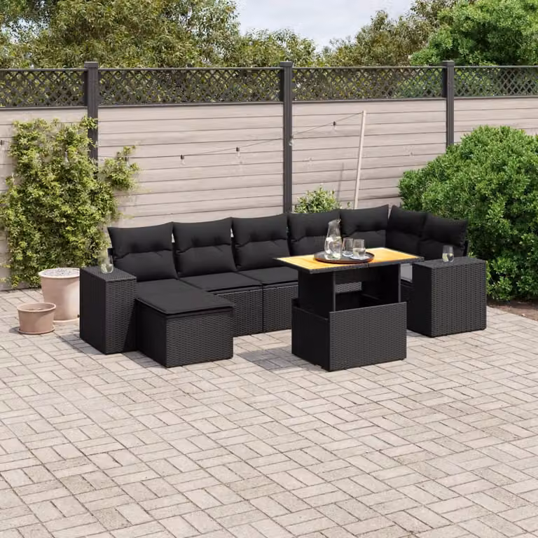 Set di divani da giardino vidaXL a forma di L con cuscini nero in polyrattan e legno di acacia