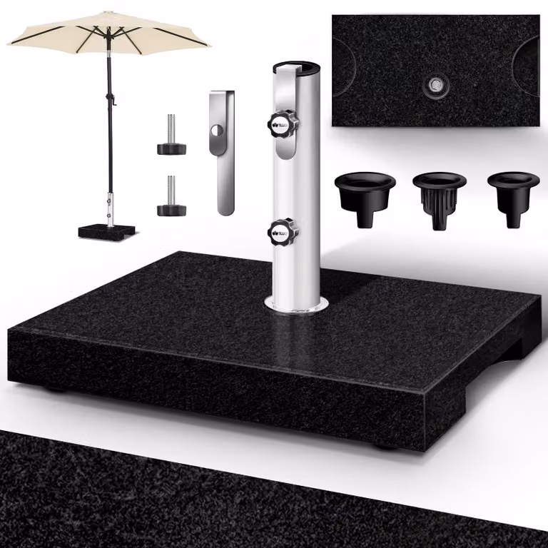 Supporto per ombrellone in granito tillvex® con maniglia di trasporto, nero - 27 kg, rettangolare | Supporto per ombrellone con tubo in acciaio inossidabile | Supporto da balcone per aste da 16-48 mm e ombrelloni con diametro fino a 300 cm