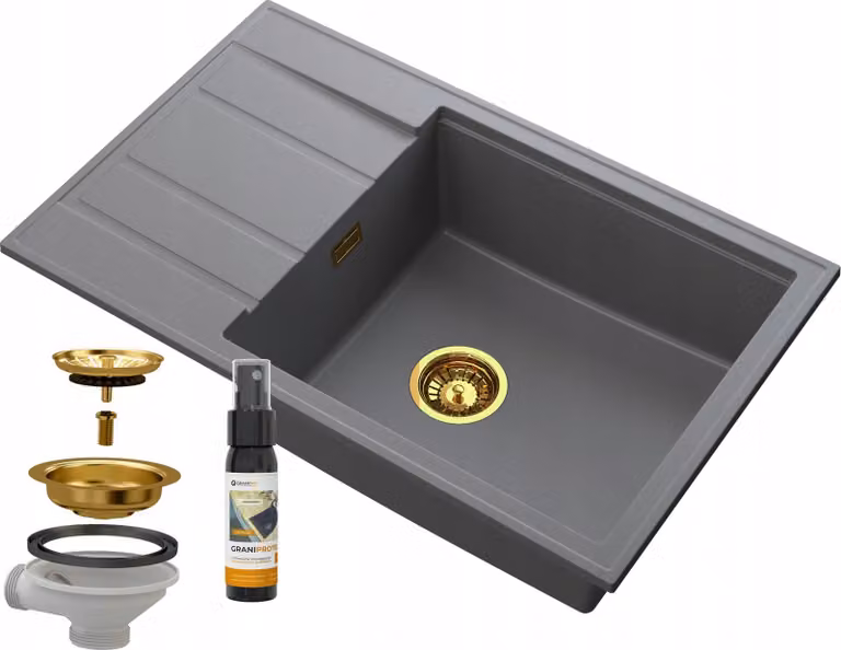 Granitan - Lavello in granito - Lavello da cucina - 80x50 cm - Grigio - con sifone e scolapiatti - Lavello - LOUIS