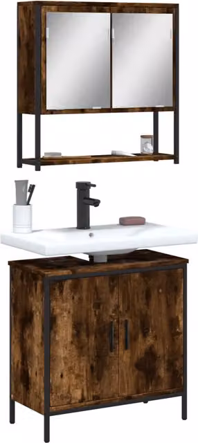 Set Mobili da Bagno vidaXL in Legno e Metallo Marrone con Mobile Lavabo e Armadietto Specchio in Stile Industriale