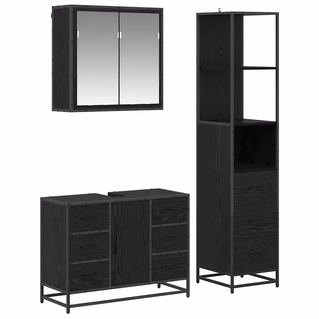 Set di mobili per il bagno moderno vidaXL in 3 pezzi, colore nero e rovere, con armadietto con specchio, mobile lavabo e mobile laterale, L/P/H: 80 x 33 x 166 cm – 2