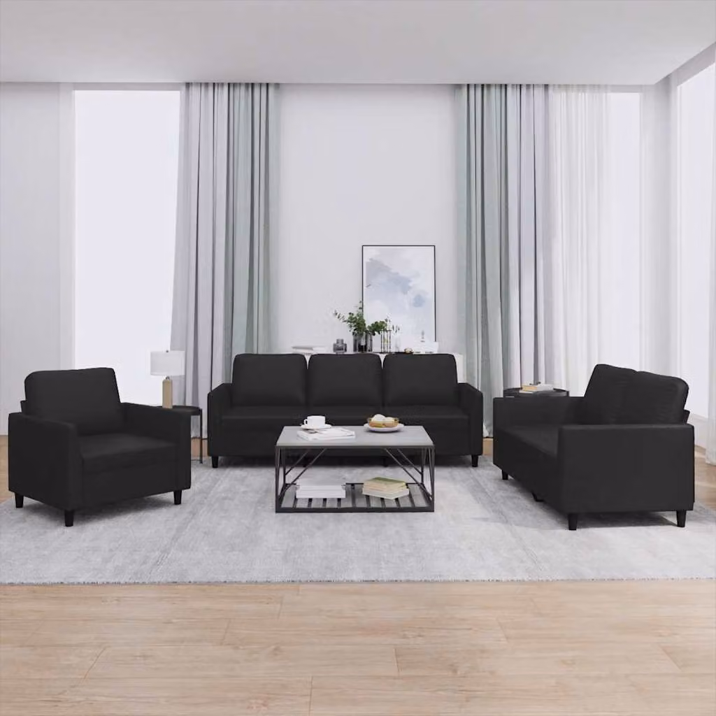 vidaXL Set di Divani 3 Pezzi Moderni in Similpelle Nera con Cuscini per Soggiorno – 1