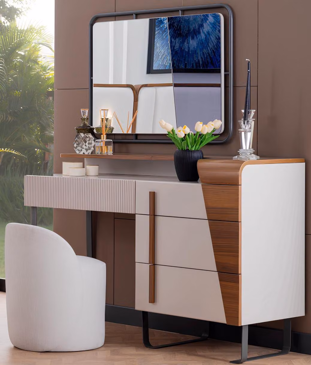 Weißes Schlafzimmer Schminktisch Designer Spiegel Polsterhocker