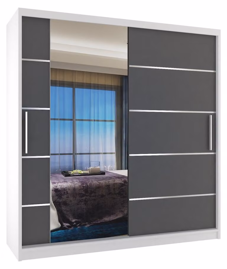 BELINI Verona, armadio scorrevole da 158 cm, bianco/grigio opaco - armadio con specchio e 2 cassetti, ideale per la camera da letto