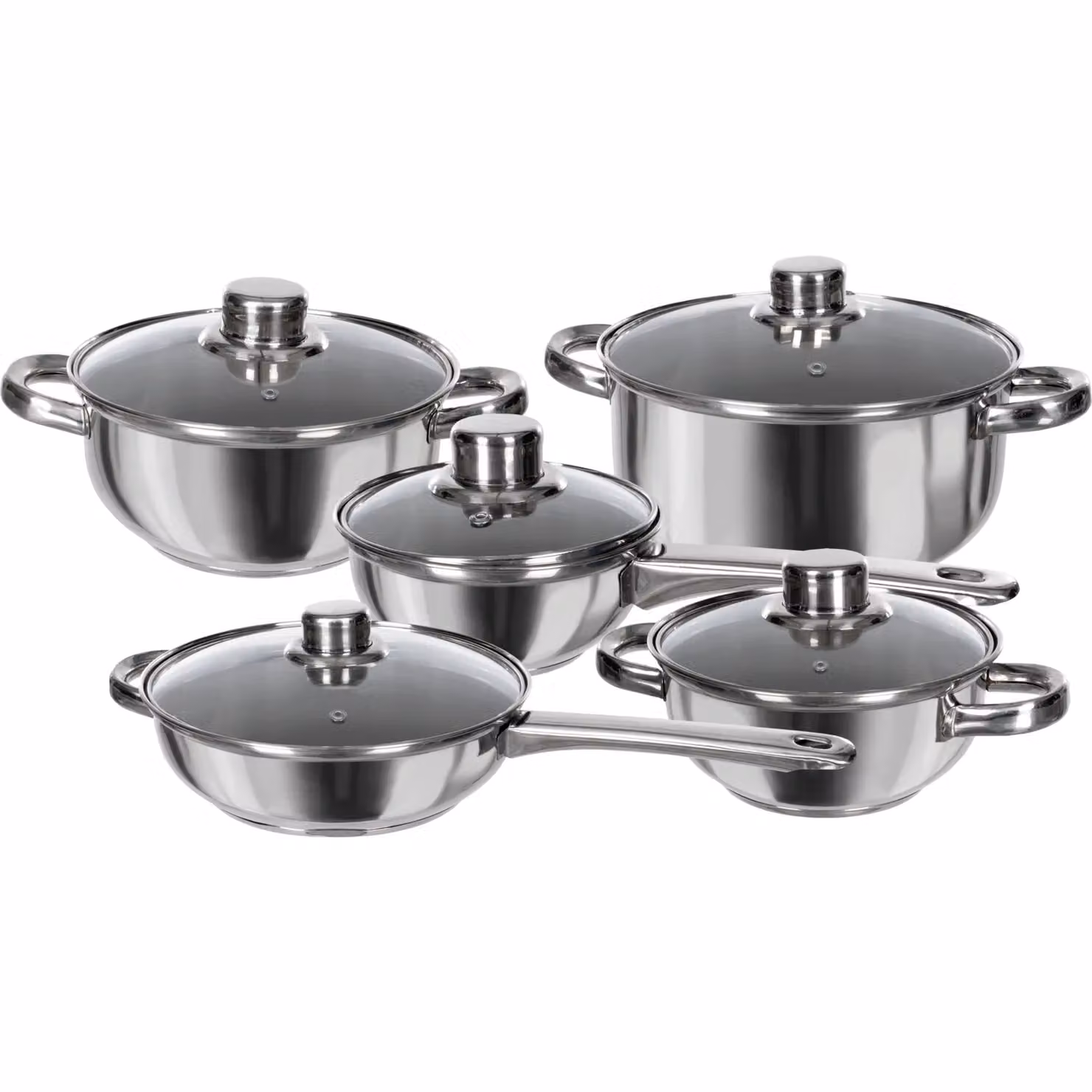 GUSTO CASA Set di pentole Linea Prestigiosa in acciaio e alluminio con coperchi in vetro, 10 pezzi, argento e trasparente – 1