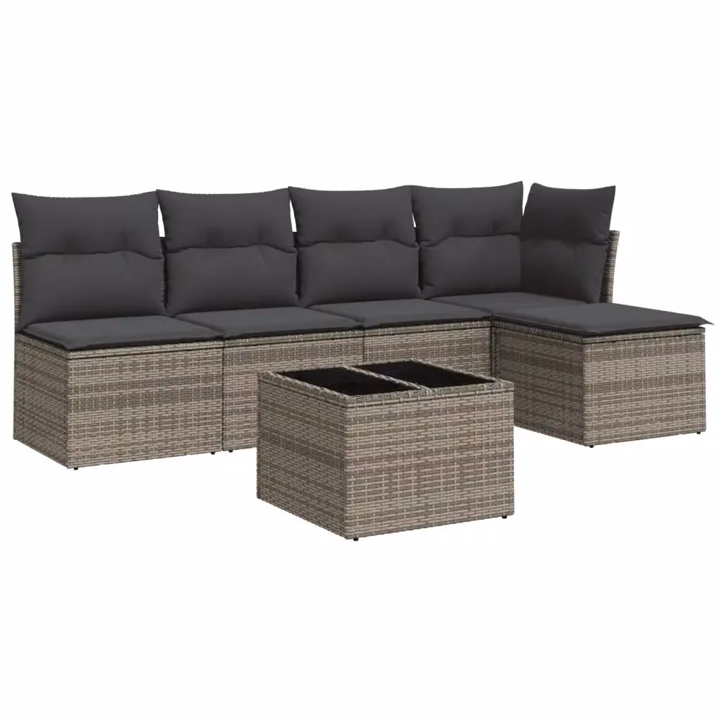 vidaXL Set Divano da Giardino 6 pz a L in Polyrattan Grigio con Cuscini e Tavolino – 2