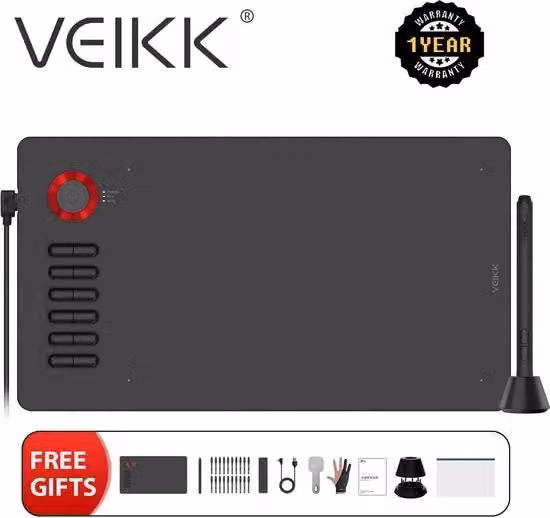 Tavola Grafica Digitale con Stilo Senza Batteria e Funzione di Inclinazione, 12 Tasti, Colore Nero, Compatibile con Android, Windows e Mac