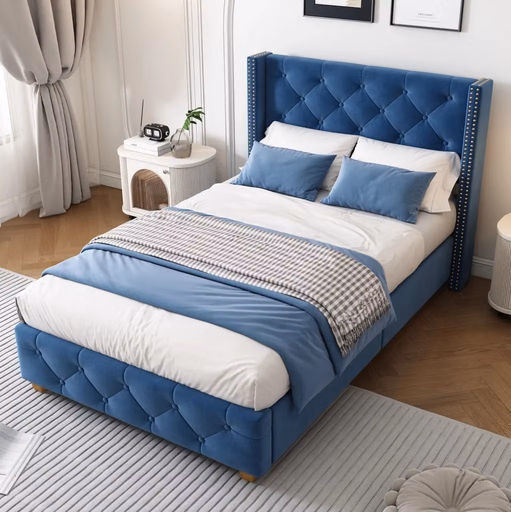 Letto imbottito MODFU in velluto blu con testiera imbottita e rete a doghe, L/P/H: 90 x 200 cm – 2