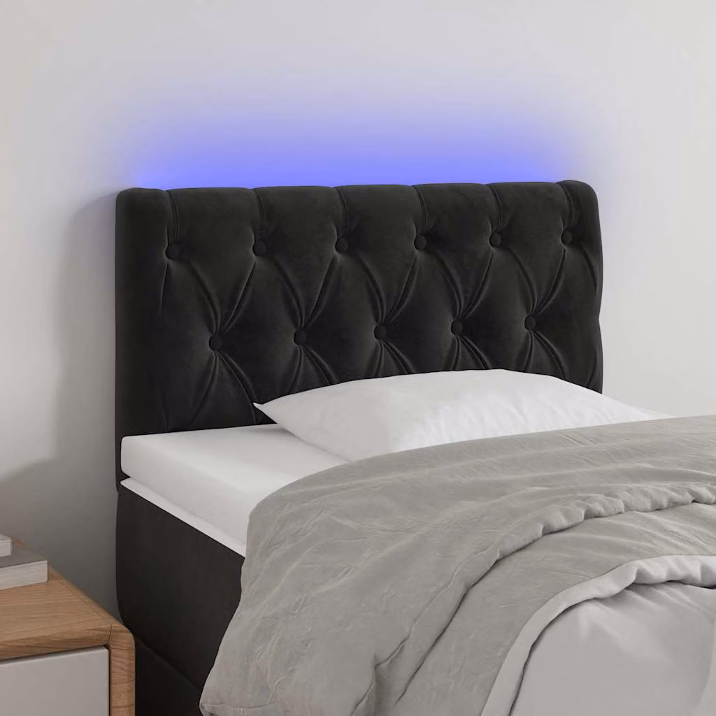 Testiera per letto vidaXL in velluto nero con illuminazione LED e porta di ricarica USB, L: 80 cm, P: 7 cm, H: 78-88 cm