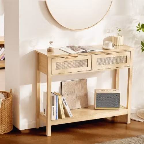 VEVOR Tavolo Consolle in Rattan Naturale con Porta Scorrevole, Ideale per Soggiorno, Studio o Ingresso, L/P/H: 100 x 29,5 x 81,5 cm