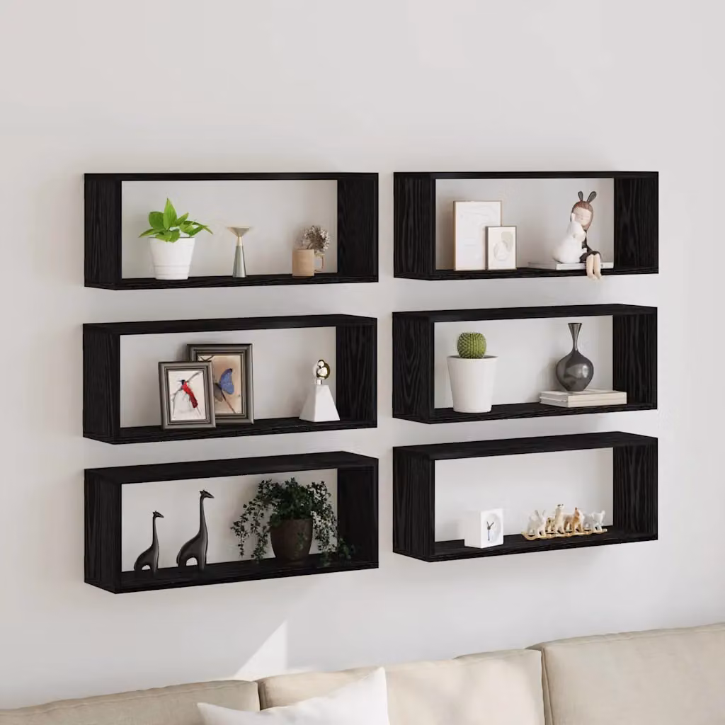 Set di 6 scaffali da parete moderni vidaXL in MDF, colore nero e rovere, L 60 x P 15 x H 23 cm