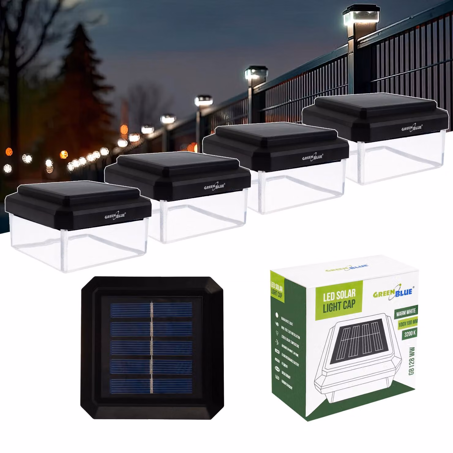 Lampada solare a LED GreenBlue (4 pezzi) per pali 100 x 100 mm, copertura a busta, 3200 K, GB128 WW