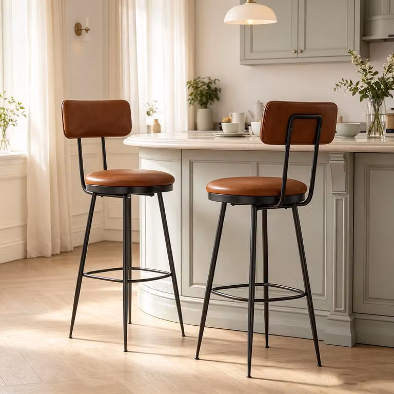 Set di 2 sgabelli da bar INONEFT con schienale, sedie da cucina in stile industriale con poggiapiedi, rivestimento in PU, stile mid-century modern, colore marrone