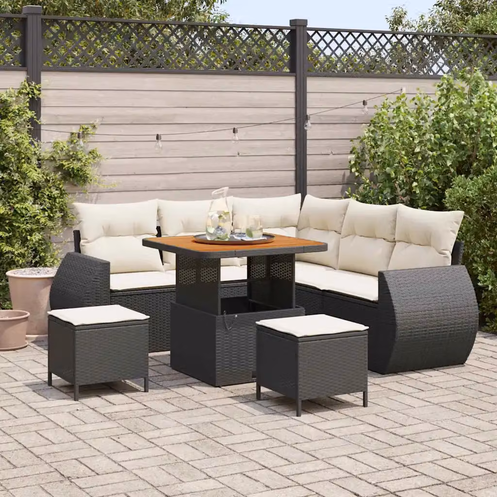 Set Divano da Giardino vidaXL 8 Pezzi a Forma di L con Tavolino e Pouf Nero e Beige – 1