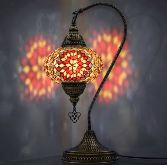Lampada da tavolo Mozaiek a collo di cigno, lampada da notte artigianale, lampada Tiffany turco-araba per camera da letto e soggiorno, idea regalo
