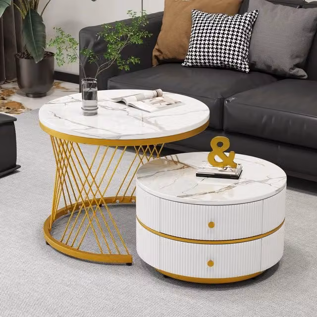 Set di 2 Tavolini da Caffè Minimal con Cassetti in Bianco Effetto Marmo Lucido, L/P/H: 60 x 60 x 46 cm e 50 x 50 x 30.8 cm – 1