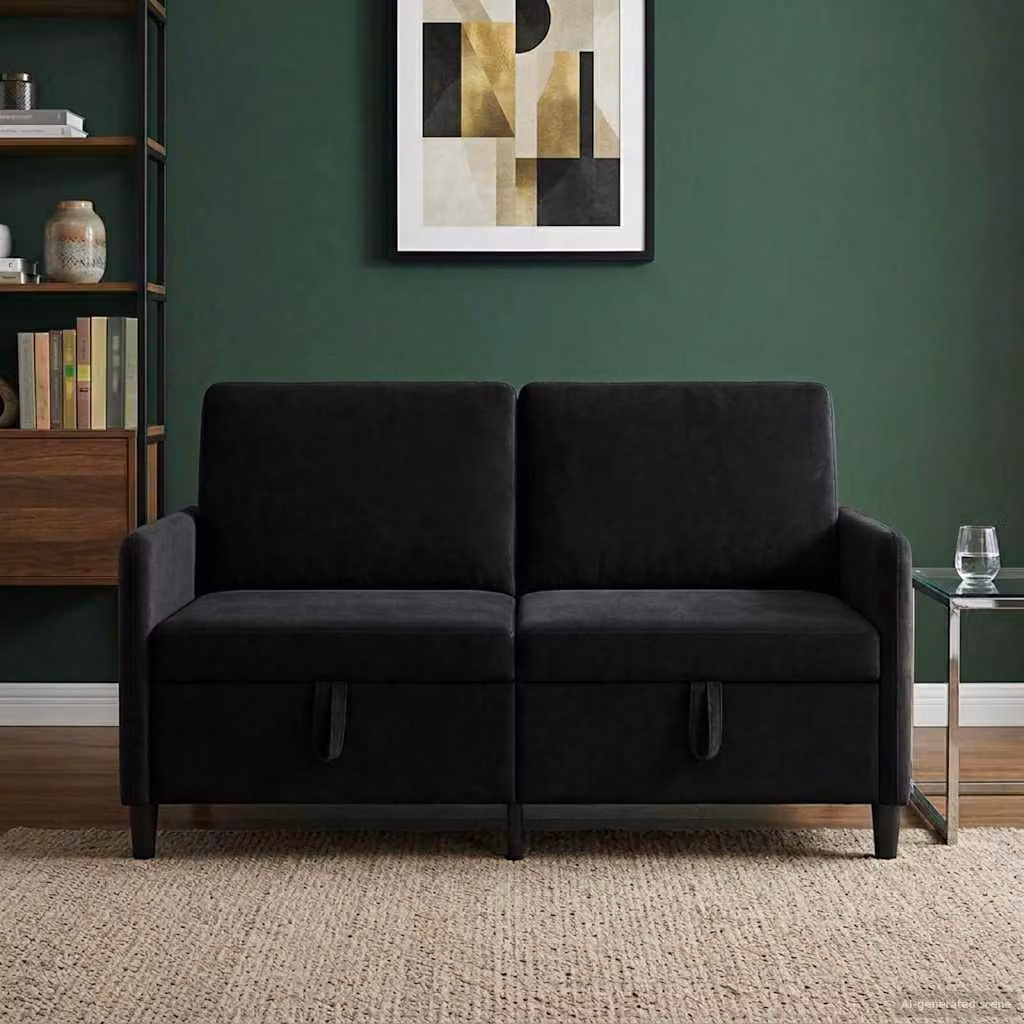 Divano moderno vidaXL con contenitore apribile in tessuto nero per soggiorno L: 152 cm, P: 78 cm, H: 87 cm