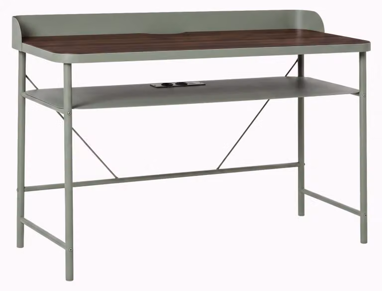 Hariyang - Scrivania da Ufficio 120x82,5x50 cm in Metallo con Prese USB Ripiano in Multistrato Rovere Salvia