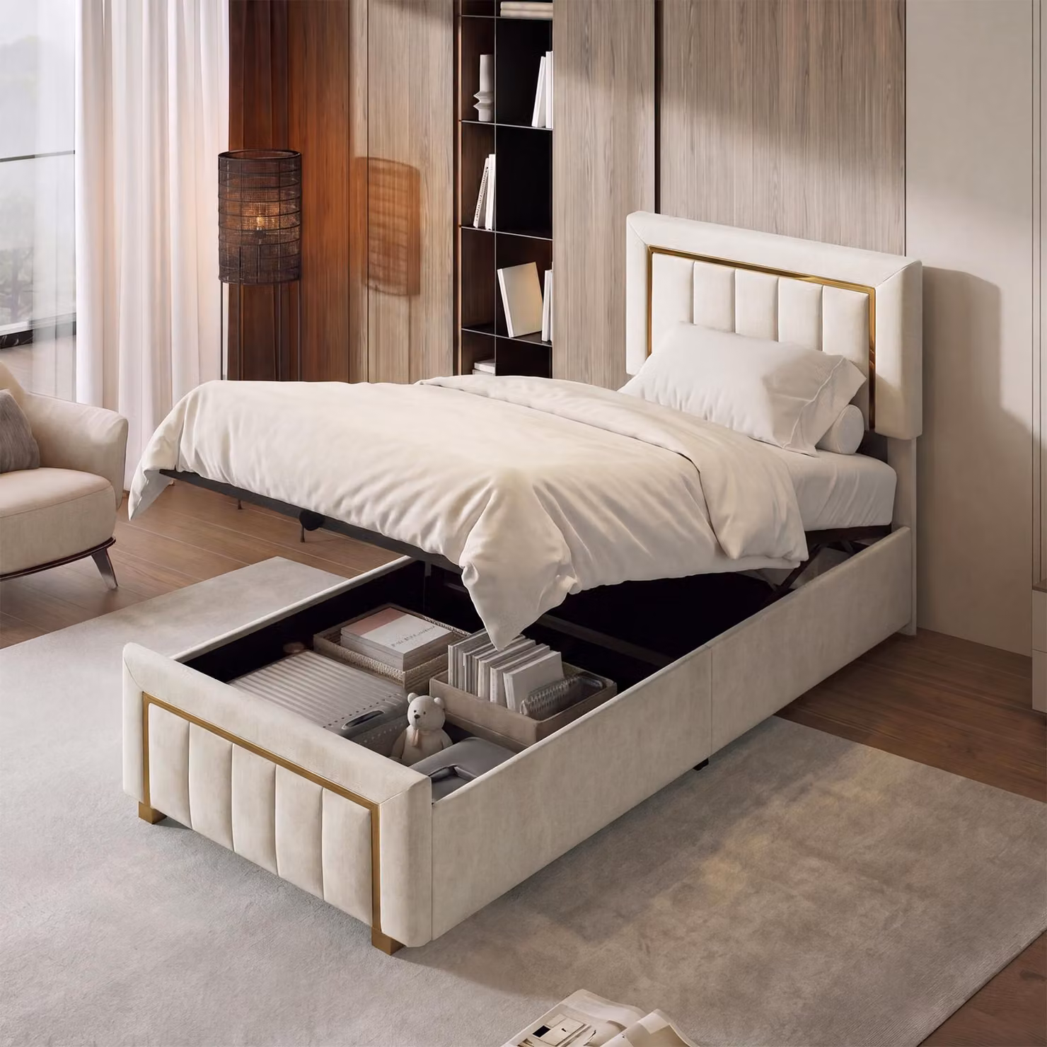 Letto singolo UnboxG, 90x200 cm, con contenitore a sollevamento idraulico, testiera imbottita con listello metallico dorato e rete a doghe, colore beige