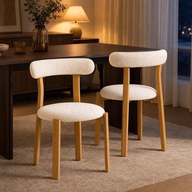 Set di 2 sedie imbottite in tessuto bouclé bianco crema con schienale ergonomico e gambe antiscivolo, altezza 79 cm