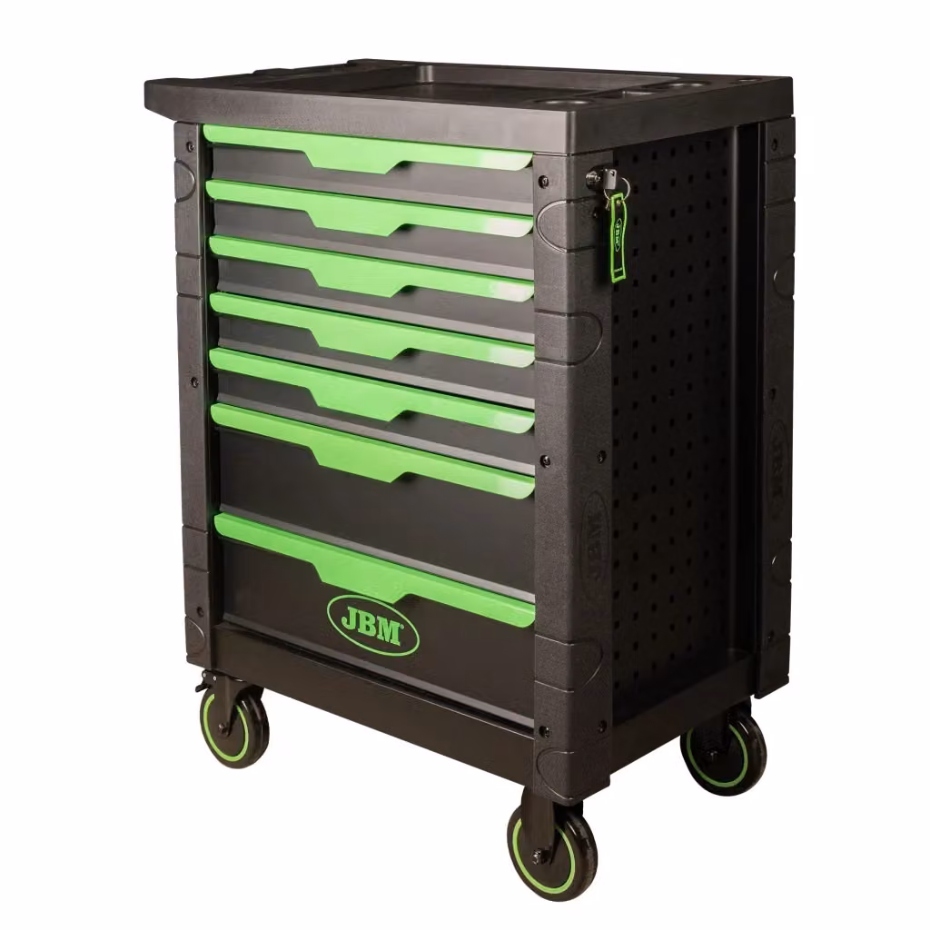 Carrello officina JBM con armadio a 7 cassetti, 172 utensili in moduli EVA, chiusura centralizzata e ruote professionali, colore nero, L/P/H: 96,0 x 77,5 x 46,6 cm – 2