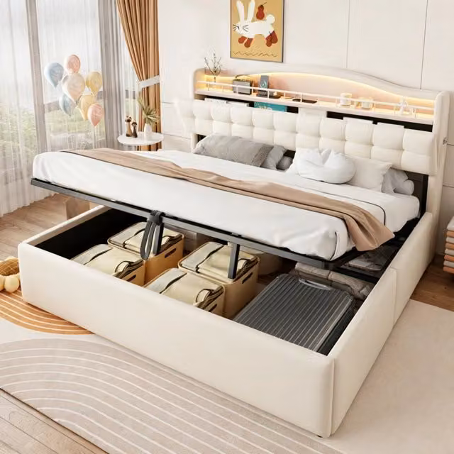Letto contenitore 180 × 200 cm con sollevamento idraulico, LED, USB e USB-C, contenitore nel testiera, senza materasso, beige