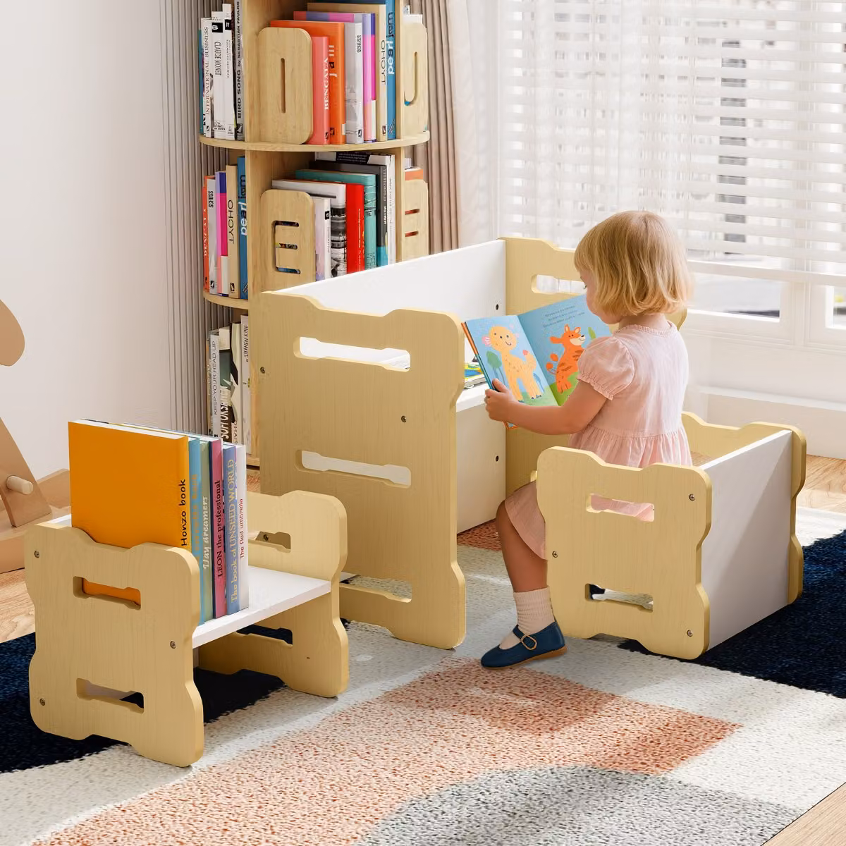 Set da attività Costway per bambini composto da tavolo rettangolare e 2 sgabelli in legno naturale stile scandinavo, colori bianco, marrone e beige
