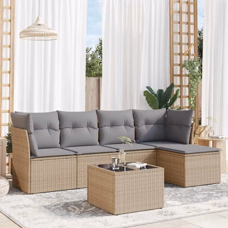 vidaXL Set Divano da Giardino 6 pz a Forma a L con Cuscini Beige e Tavolino da Caffè in Polyrattan e Metallo