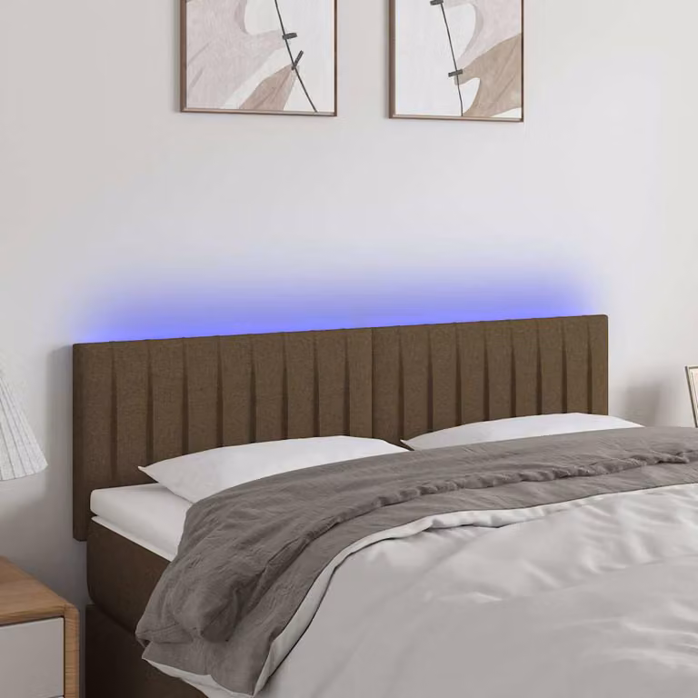 Testiera per letto vidaXL in tessuto marrone con illuminazione LED e porta USB, L 144 x P 5 x H 78/88 cm
