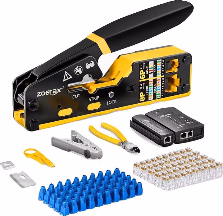 Set di utensili per crimpare, multifunzione, tester per cavi incluso, giallo
