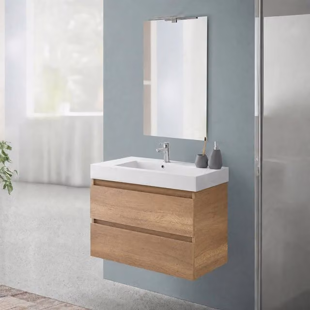 Mobile bagno sospeso 80 cm in rovere naturale con due cassetti e lavabo in resina Nadia