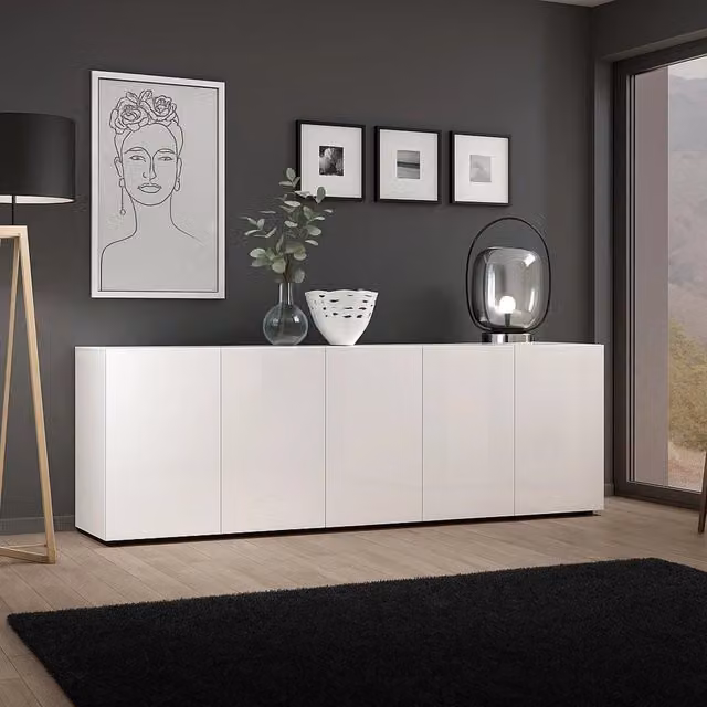 Credenza Macaria, Buffet da soggiorno, Madia da salotto, Dispensa da cucina, Made in Italy, 225x38h79 cm, Bianco lucido