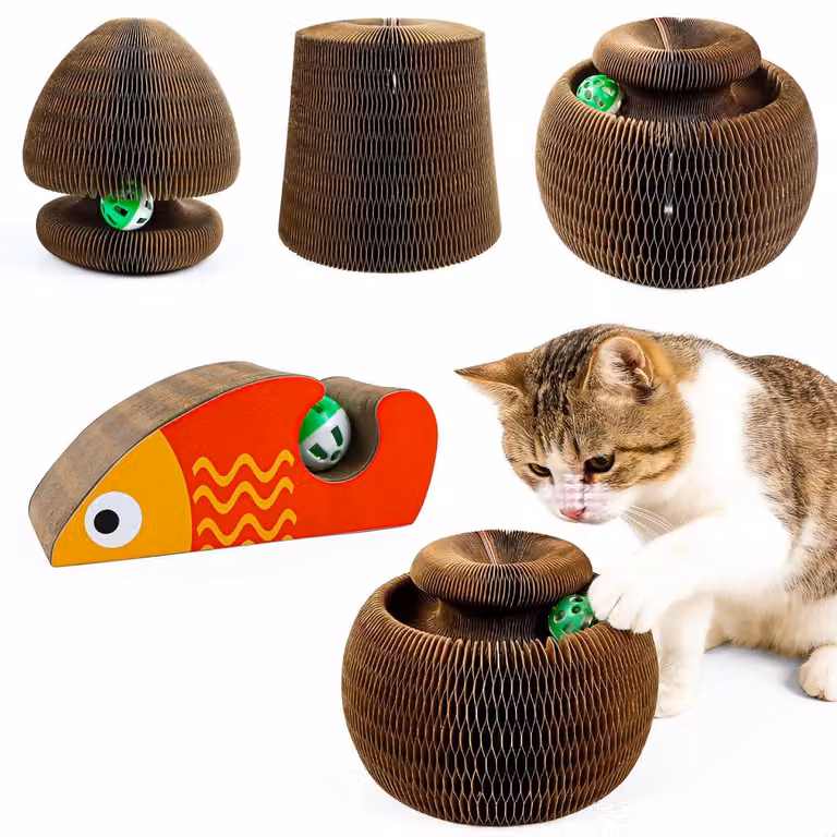 Albero per gatti in cartone, girevole, 2-in-1 con campanello, compatto e pieghevole, ideale per uso interno
