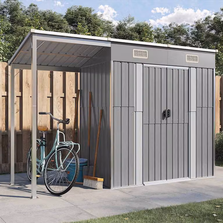 Casetta da giardino vidaXL in acciaio galvanizzato con tetto allungato, grigio chiaro, L: 277 cm, P: 107 cm, H: 181 cm