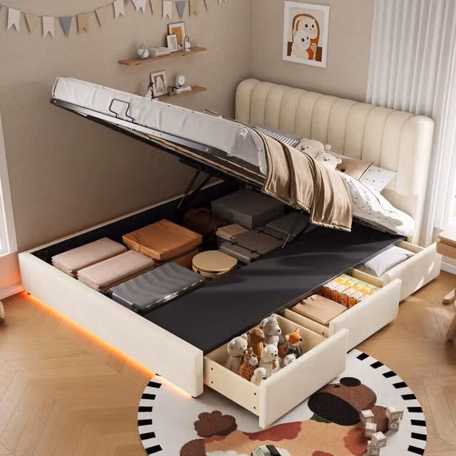 Letto contenitore 140x200 cm in velluto beige con 3 cassetti e luce LED per cameretta
