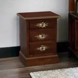 Comodino KIVIO in legno stile arte povera con 3 cassetti, decorazione floreale fatta a mano con dettagli oro, colore noce scuro – 2