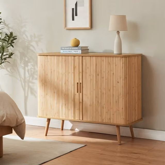 Mobile Contenitore Nordkapp con 2 Ante Scorrevoli in Bambù 100 x 40 x 80 cm - Color Naturale [en.casa]