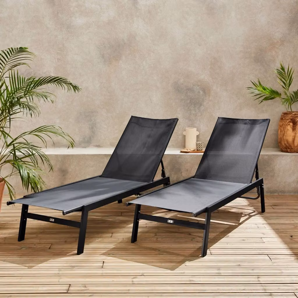 Set di 2 lettini prendisole Sweeek in acciaio verniciato nero con tessuto textilene e poggiatesta regolabile – 2