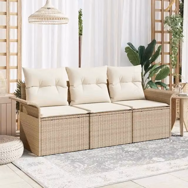 Set di divani da giardino vidaXL in rattan e metallo, 3 posti, colore beige con cuscini inclusi