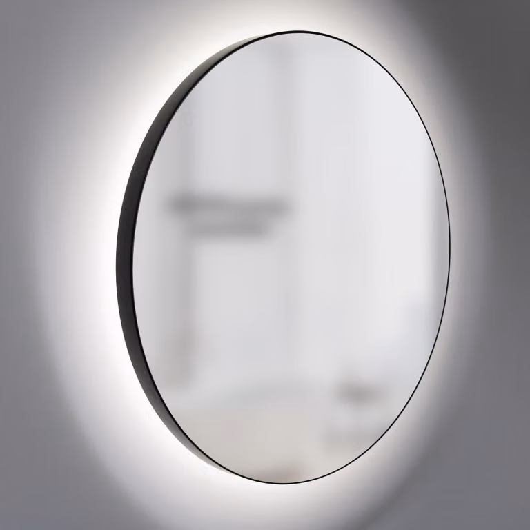 Specchio da bagno a LED, diametro 60 cm, illuminazione perimetrale, vetro da 5 mm, alluminio nero opaco, grado di protezione IP44