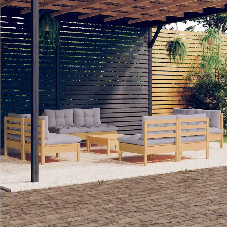 Set di divani da giardino vidaXL in legno massello di pino con cuscini grigi, 9 pezzi