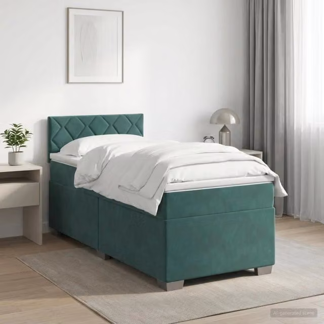 Letto box spring con materasso ibrido vidaXL in velluto verde scuro e bianco L/P: 100 x 200 cm – 1