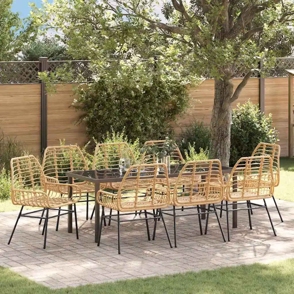 Set da pranzo per giardino e terrazzo vidaXL in polyrattan marrone con tavolo rettangolare in vetro, 9 pezzi
