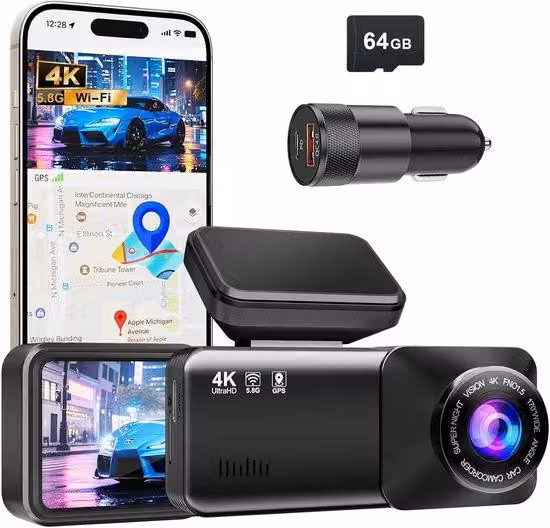 Mini videocamera da cruscotto 4K con 64 GB di memoria, visione notturna avanzata, modalità di registrazione continua, sensore G e monitoraggio da parcheggio attivo 24 ore su 24